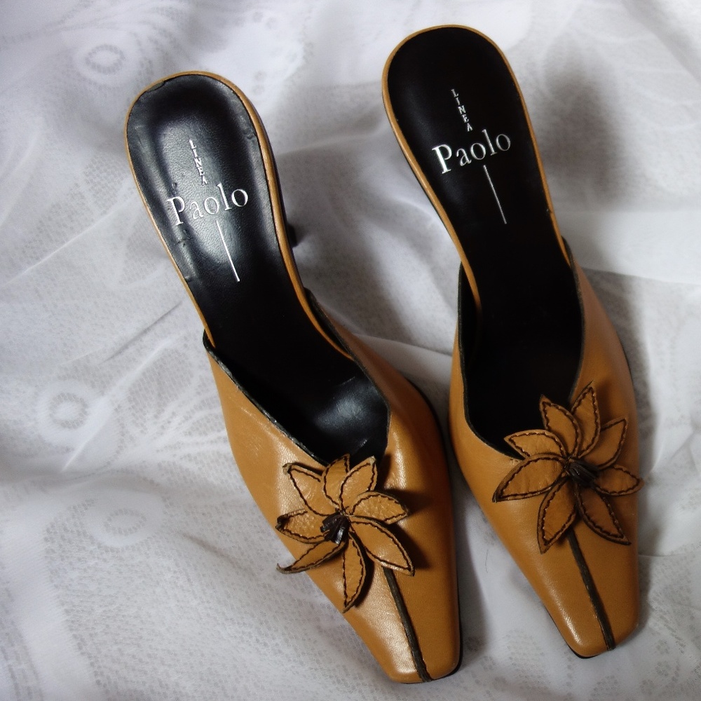 Yellow Linea Paolo mule heels with flower detail